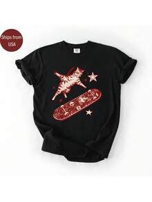 1 Piece Y2K T-Shirt With Skateboard Cat Design, Y2K T-Shirt With Retro 90s Aesthetic And Kitten Design, T-Shirt With Rocker Girlfriend Aesthetic And Cat, Vintage Decadent Style Top With Forest And Skateboard Design, 180g 100% Cotton. - 黑色 - 查看 11