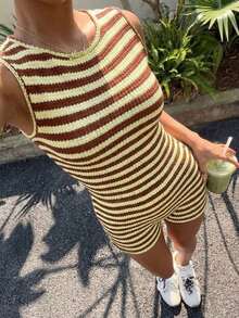 Conjunto de 2 piezas de top de tirantes a rayas en blanco y negro y shorts, estilo casual de verano - Multicolor 2 - Ver 3