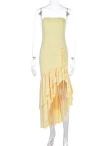 Sleeveless Knit Maxi Dress With Ruffles, Elegant And Sensual Bustier Spring Summer Fashion - Yellow - View 4