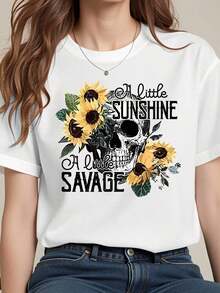 Women's Round Neck T-Shirt With Floral Skull Print And Sunflower Design, Casual Boho Style, Lightweight, 180g, Cotton Blend, Comfortable Fit, Everyday Wear Option. - 白色 - 查看 1