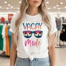 Women's T-Shirt, Vacay Mode Graphic Print Cotton T-Shirt, Short Sleeve, Round Neck, Casual Style, Summer Beach Vacation Top, Available Sizes S-5XL, Basic Black T-Shirt With Sunglasses And Palm Tree Design, Soft And Breathable Cotton Fabric, Loose Fit T-Shirt For Daily Wear, Vacation Essential, Short Sleeve Beach T-Shirt For Girls. - 白色 - 查看 7