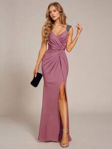 EVERPRETTY Spring Women's Elegant Sequin Open Shoulder V-Neck Ruched High Waist Mermaid Maxi Dress, Formal Dinner, Birthday Party, Holiday Party Wedding - Dusty Pink - View 6
