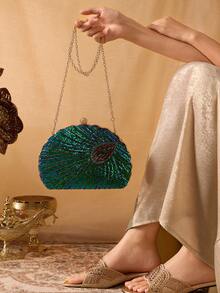 Farahzel Peacock Blue Retro Chinese Style Cheongsam Handbag For Women, Peacock Embroidered Beaded Sequin Party Clutch Purse - Teal Blue - View 2