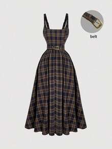 MOD Vestido de mujer con tirantes de cuadros, informal y elegante con la cintura definida y sin mangas - Multicolor - Ver 5