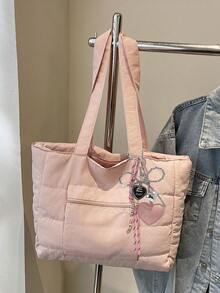 Simple Solid Color New Popular Quilted Tote Bag In Spring And Summer, Lightweight, Practical And Large Capacity With Body Patch Pockets, Shoulder Bag, Zipper Switch, Double Shoulder Straps, High-Value Armpit Bag, Suitable For Commuting To Work, School, Class, Shopping And Storage - Pink - View 8