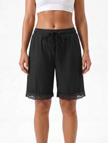 Women's Fashion Shorts Lace Trim Drawstring Elastic Waist Short Pants Summer Casual Shorts - Negro - Ver 4
