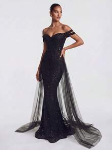 LOVE&LEMONADE Black Elegant Off Shoulder Flowing Mesh Patchwork Backless Criss-Cross Tie Mermaid Long Wedding Dress - Black - View 5
