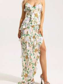 Vestido largo de noche gasa floral hombros al aire primavera verano elegante etéreo estilo europeo para mujer - Dorado - Ver 12