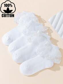 4 Pairs Girls White Layered Lace Trim Ankle Socks, Princess & Ballet Style - White - View 7