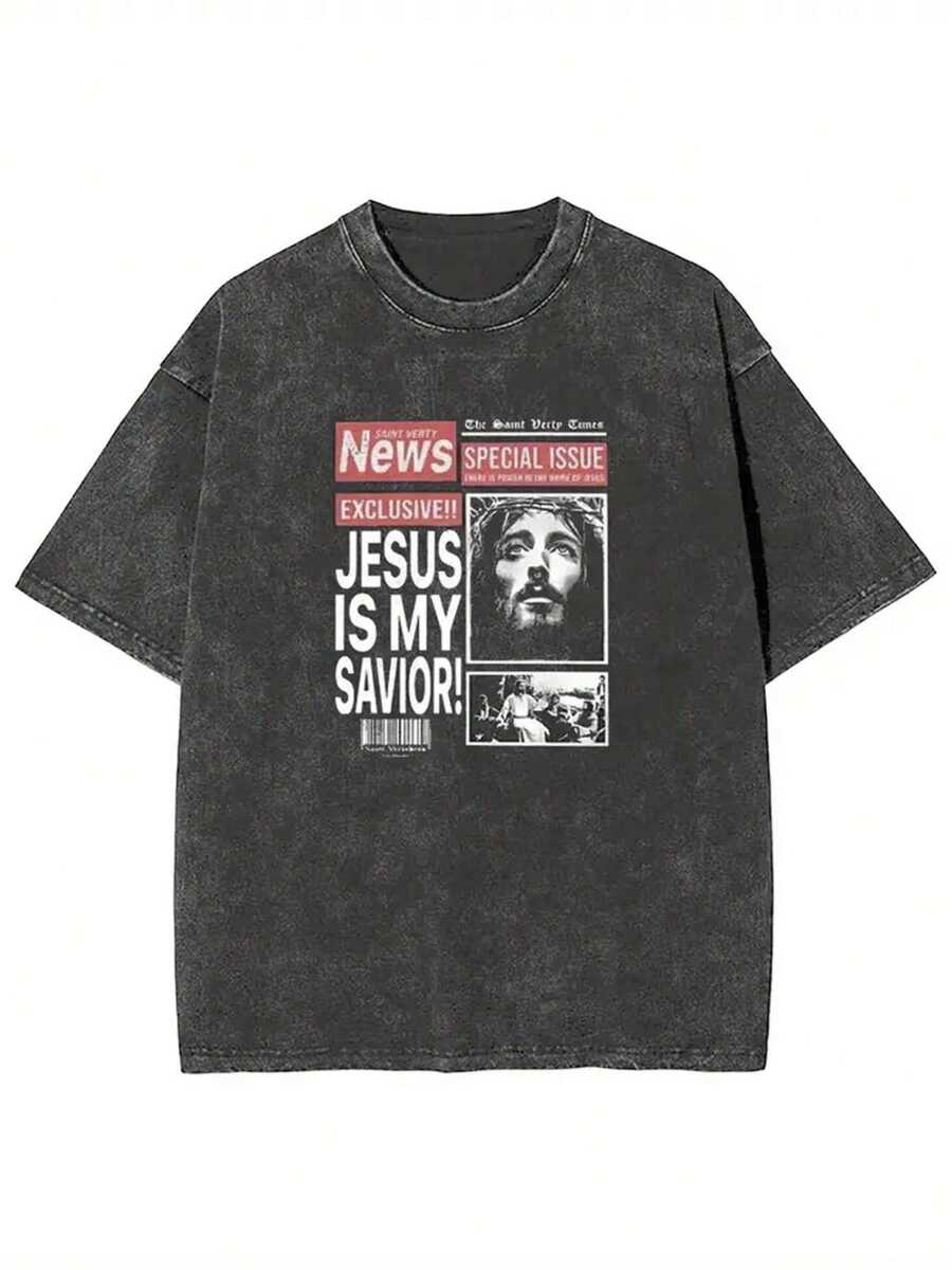 Men's & Women's Graphic T-Shirt "Jesus Is My Savior" - 230g Washed Cotton T-Shirt, Vintage Streetwear Style, Exclusive Special Design, Comfortable Fit For All Seasons, Short Sleeve, Crew Neck, Holiday Gift - 黑色 - 查看 1