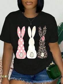 Pure Cotton T-Shirt, 2026 Style [Leopard Print T-Shirt] Women's Casual Short-Sleeved Crew Neck T-Shirt With Leopard Print. Colorful Rabbit Ears Series With English Letter Print For Spring, Summer, Autumn And Winter - Vintage T-Shirt. - 黑色 - 查看 1