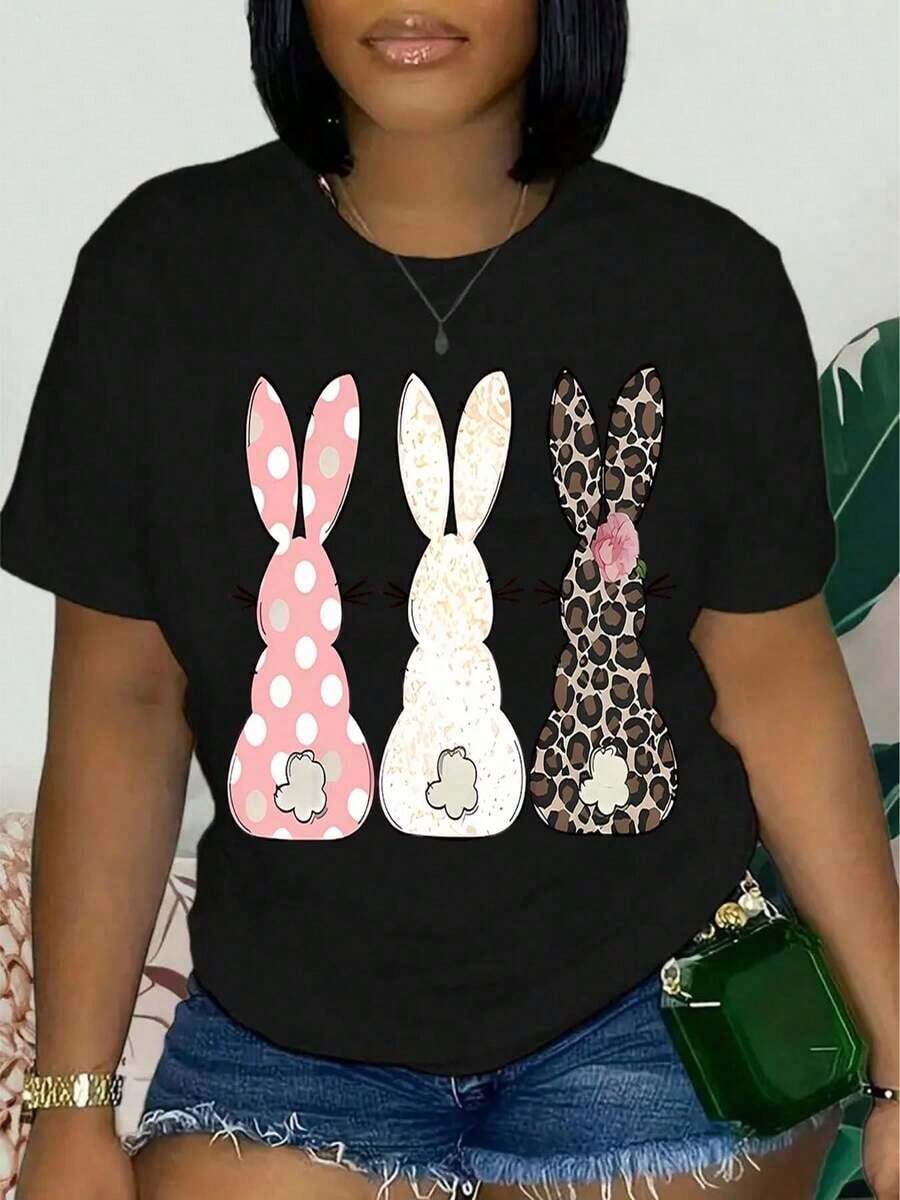 Pure Cotton T-Shirt, 2026 Style [Leopard Print T-Shirt] Women's Casual Short-Sleeved Crew Neck T-Shirt With Leopard Print. Colorful Rabbit Ears Series With English Letter Print For Spring, Summer, Autumn And Winter - Vintage T-Shirt. - 黑色 - 查看 1