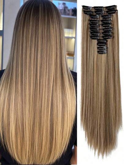 24 Inch 12pcs Clip-In Hair Extensions, Long Straight Synthetic Hair Extensions, Suitable For Women And Girls Daily Use