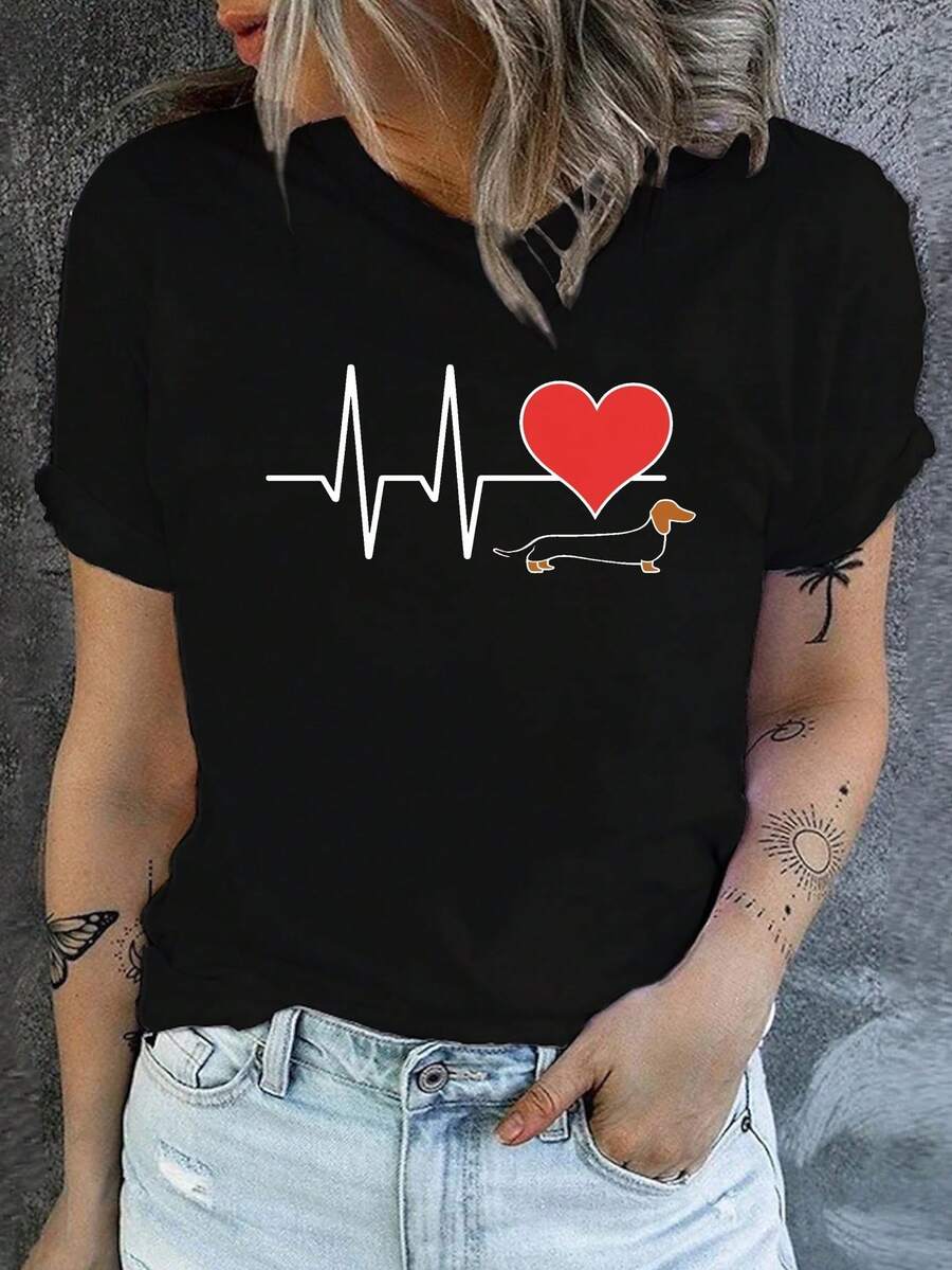 Camiseta de cuello redondo con estampado de latidos del corazón, top casual de manga corta para primavera y verano, ropa de mujer. - Negro - Ver 1