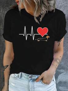 Camiseta de cuello redondo con estampado de latidos del corazón, top casual de manga corta para primavera y verano, ropa de mujer. - Negro - Ver 7