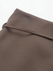 Falda pantalón de cintura con cremallera de unicolor para mujer, de verano - Café integral - Ver 3