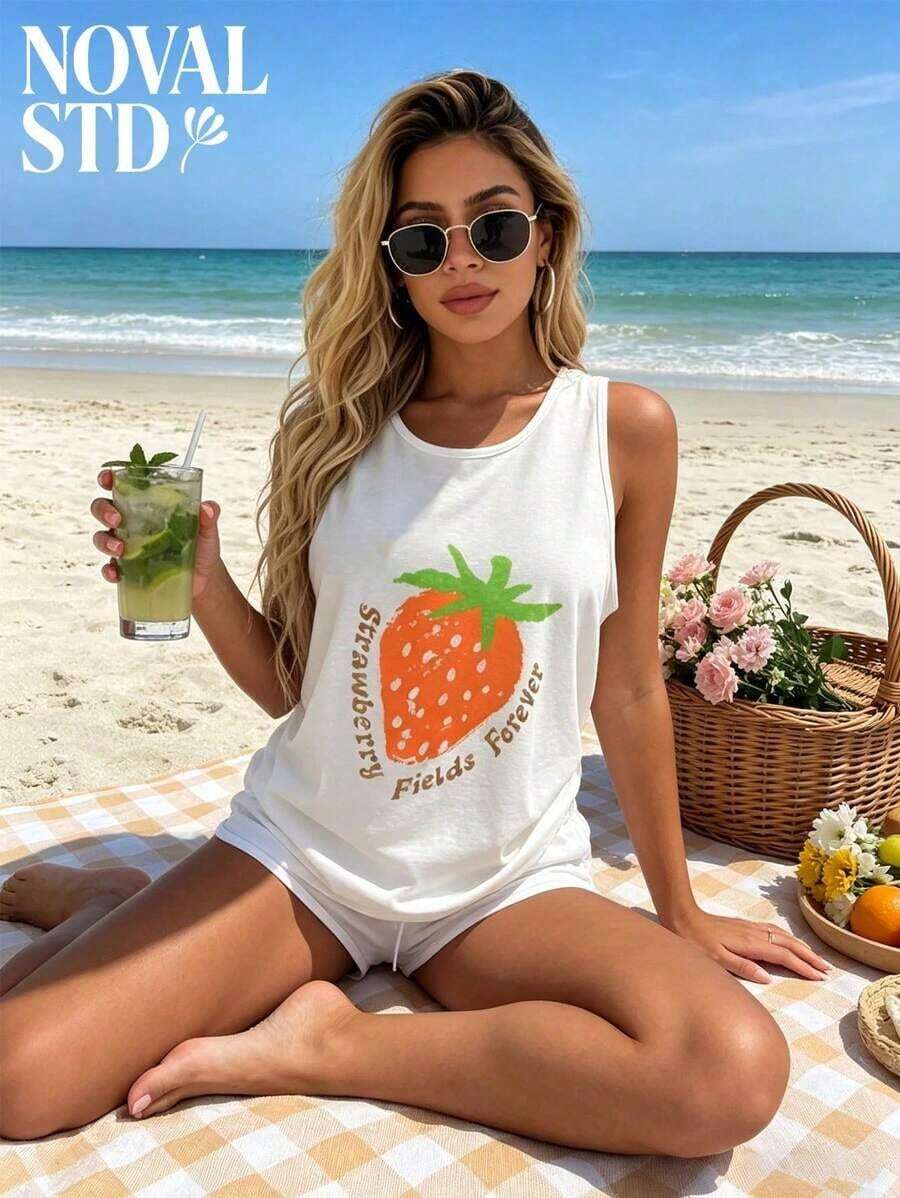 1 Piece Of White Short-Sleeved T-Shirt With Round Neck, Casual Holiday Style, Loose And Multifunctional, With Beatles Strawberry Field Forever Print For Women, Ideal For Everyday Wear. 180g 100% Cotton. - 白色 5 - 查看 1