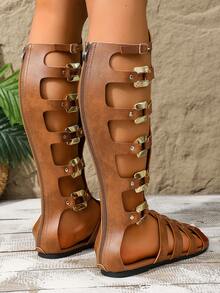 1 par de sandalias elegantes de dama con cremallera de cuero PU estilo bohemio, adecuadas para el hogar, vacaciones y uso al aire libre en verano - Marrón - Ver 9