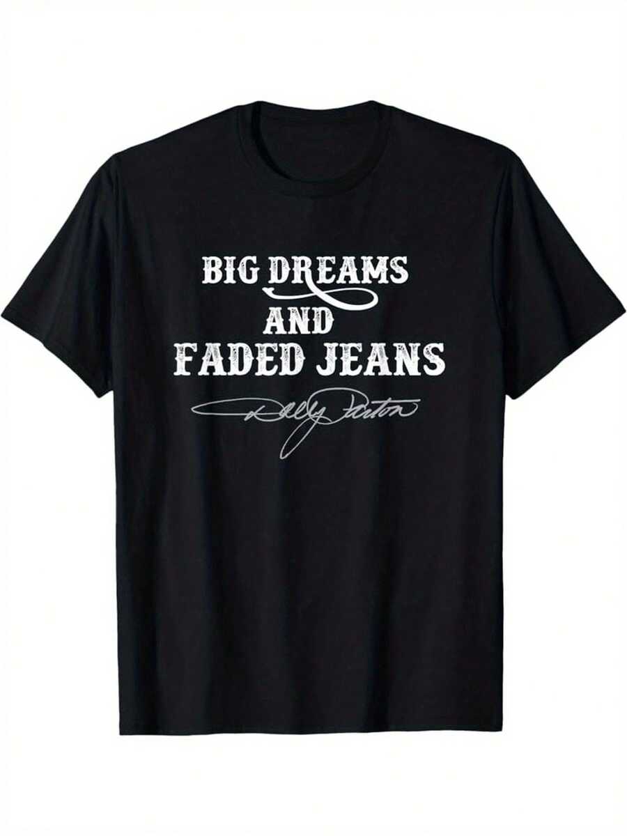 Camiseta Deportiva Casual para  con Texto en Negrita GRANDES SUEÑOS Y JEANS DESFASADOS - Camiseta Elástica de Cuello Redondo, Lavable aáquina, Ajuste Cómodo y Perfecta para Todas las Estaciones, para Uso Diario. - Negro - Ver 1
