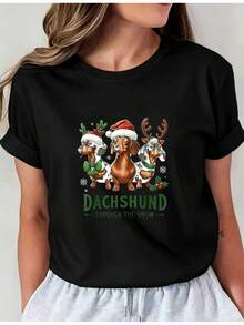 Camiseta Deportiva Casual para Mujer - Camiseta Negra con Gráfico Navideño de Teckel - Elástica y de Cuello Redondo, Lavable aáquina, Ajuste Cómodo para Todas las Estaciones, para Celebrar la Temporada. - Negro - Ver 1