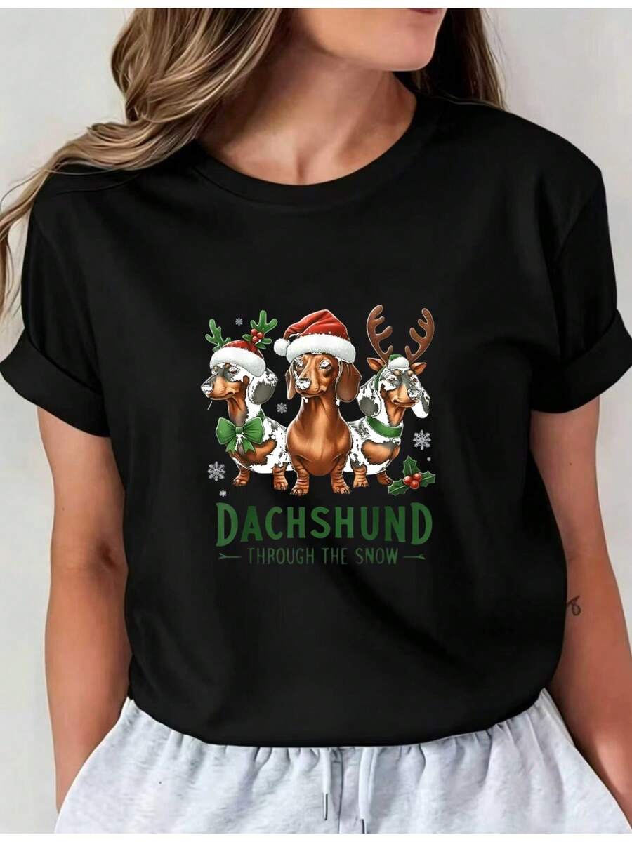 Camiseta Deportiva Casual para Mujer - Camiseta Negra con Gráfico Navideño de Teckel - Elástica y de Cuello Redondo, Lavable aáquina, Ajuste Cómodo para Todas las Estaciones, para Celebrar la Temporada. - Negro - Ver 1