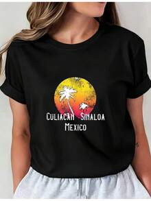 Camiseta Estampada para Mujer - Camiseta Casual de Manga Corta y Cuello Redondo en Negro con Gráfico Colorido de Atardecer de Culiacán, Sinaloa. Con un Corte Relajado para Todas las Estaciones, la Elección Perfecta tanto para el Uso Diario como para tus Atuendos de Vacaciones (Lavable aáquina). - Negro - Ver 6