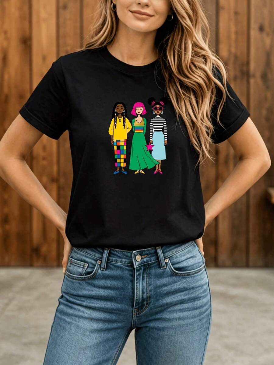 Camiseta Deportiva Casual para Mujer con Diseño Colorido de Personajes de Dibujos Animados - Camiseta Negra Elástica de Cuello Redondo, Lavable aáquina, Ajuste Cómodo para Todas las Estaciones, para Uso Diario y Ocasiones Informales. - Negro - Ver 1