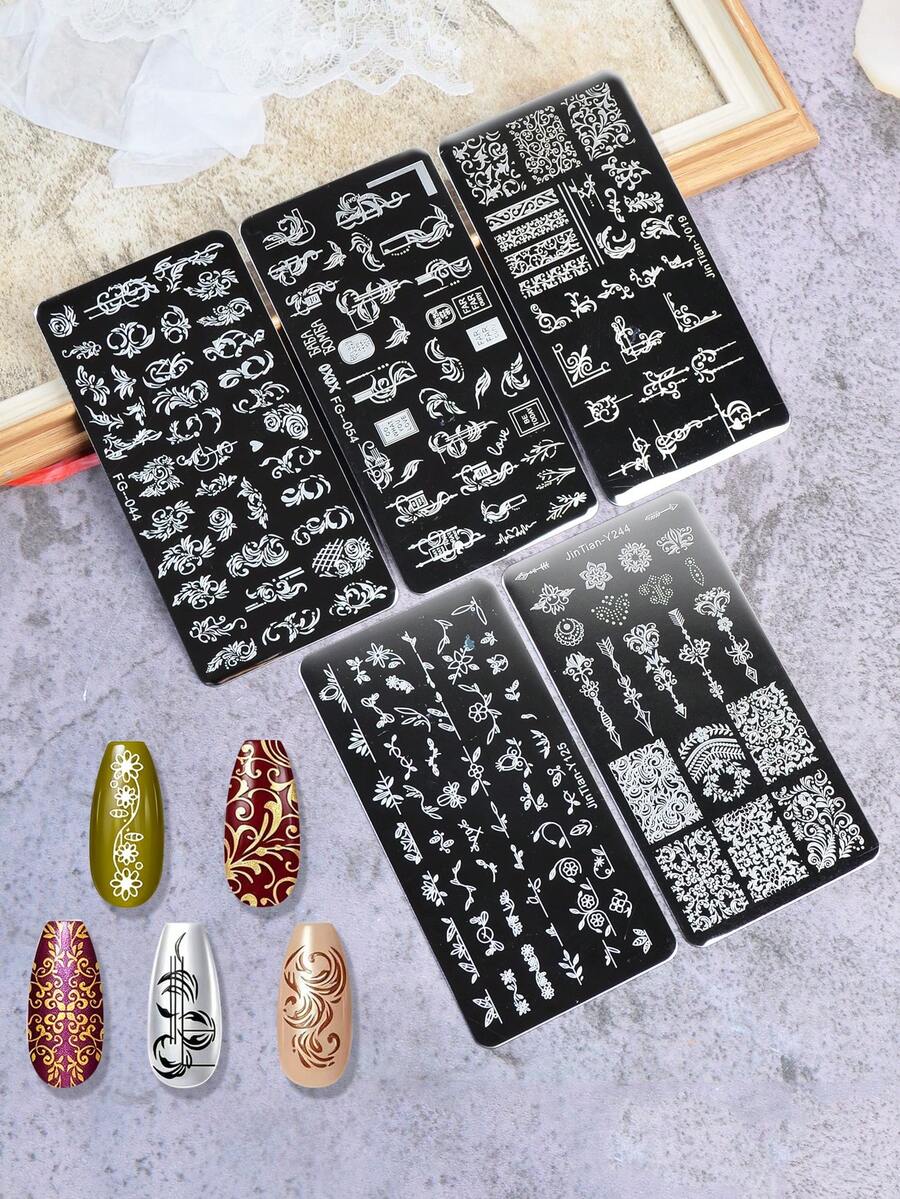 5入美甲轉印鋼板 花卉葉片蕾絲邊框圖案 蓋章美甲工具 DIY美甲工具 - 銀色 - 查看 1