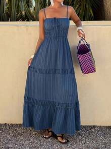 Vestido midi con tirantes, volantes en la cintura y lazo para mujer, vestido de verano para vacaciones - Azul - Ver 6