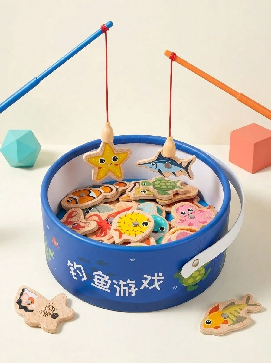 MINKOJA Wooden Children's Ocean Fishing Toy, Baby Early Education Puzzle Cartoon Fun Magnetic Marine Biology Cognitive Simulation Fishing Set (15 Bags Of Small Fish Randomly Assigned)