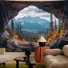 1pc Large Autumn Cave Landscape Tapestry - Realistic Nature Scene Print Wall Hanging, Durable Brushed Fabric, Suitable For Bedroom Decor, Holiday Gift And Party Backdrop (No Electricity Needed), Forest Theme Decoration. - A - View 4