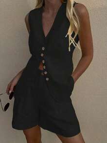 Conjunto de top sin mangas y pantalones cortos casuales para mujer, traje de chaleco y pantalones cortos de moda para viajes, blanco para primavera/verano - Negro - Ver 8