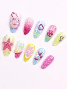 30pcs/Set Almond-Shaped 3D Starfish & Lemon Nail Art Stickers, Suitable For Beach, Office, Party, Date And Daily Wear For Fashionable Girls Nails - Multicolor - View 2