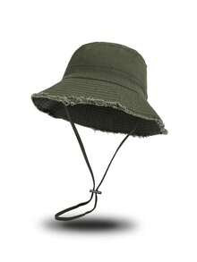 Korean Style Frayed Brim Bucket Hat, Summer Outdoor Hiking Sun Protection Shade Hat - Army Green - View 2