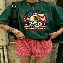 Heartfelt Daily Casual Graphic T-Shirt 100% Cotton Oversized Soft Breathable Casual Crewneck Short Sleeve Top Vintage Aesthetic Red White Checkered Shorts Independence Day Celebration Casual Wearers Fashion Lovers Daily Outfit Enthusiasts Gift Givers - Verde - Ver 2