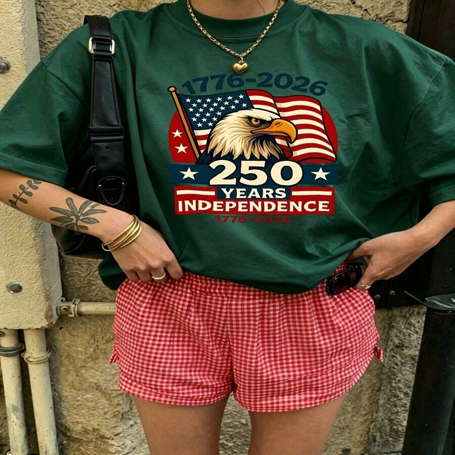 Heartfelt Daily Casual Graphic T-Shirt 100% Cotton Oversized Soft Breathable Casual Crewneck Short Sleeve Top Vintage Aesthetic Red White Checkered Shorts Independence Day Celebration Casual Wearers Fashion Lovers Daily Outfit Enthusiasts Gift Givers