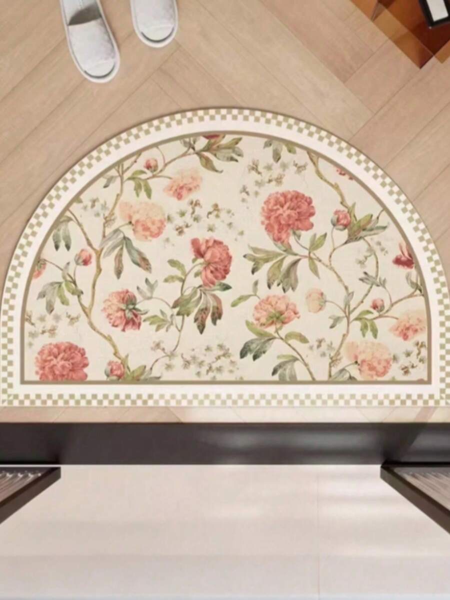 1pc Fresh Peony Flower Half-Round Doormat, Small Rug, Welcome Mat, Carpet, Fan-Shaped Rug, Outdoor Doormat, Kitchen Rug, Home Decor, Front Door Mat, Area Small Rug, Outdoor Mat, Home Decor, Area Rug, Garden Rug, Washable Carpet - Multicolor G - View 1