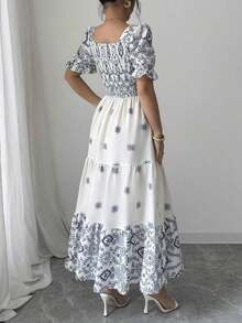 xheElenzga Vestido casual/de trabajo de manga corta con cuello cuadrado y cintura ceñida en línea A con estampado para mujerxhe - Azul y blanco - Ver 2