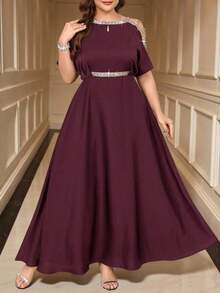 Clasi Vestido de talla grande de verano elegante con empalmado, cinta, hombros recortados y cintura - Rojo violeta - Ver 11