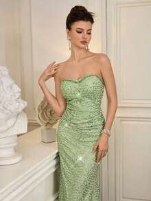 Vestido sin tirantes con lentejuelas para mujer, vestido de gala elegante y lujoso, estilo de socialité de alta gama - Verde - Ver 6