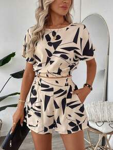 Camisa de mujer con hombros caídos, cintura ceñida y dobladillo, y shorts de mujer decorados con bolsillo, estampado floral, conjunto elegante casual de vacaciones - Multicolor 3 - Ver 7