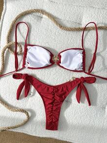 Swim Mod Conjunto de bikini sexy con decoración de estrella de mar metálica, unicolor, con lazos ajustables a los lados para mujer - Rojo - Ver 3