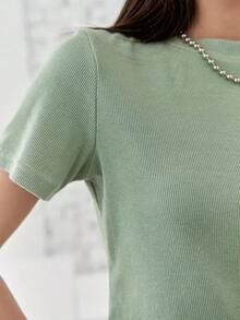 Camiseta de punto acanalado sólido, estilo "Old Money", Crop Tops, Ropa casual de negocios para mujer - verde menta - Ver 5