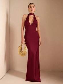 Vestido con escote en V profundo, tirantes de espagueti, cintura con amarre y espalda descubierta, elegante y sexy, adecuado para cócteles, citas románticas, como capa base en otoño/invierno, fiestas, bodas, Halloween, Navidad - Burdeos - Ver 7