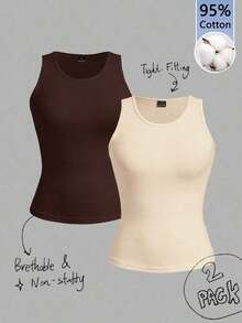 2 piezas de camiseta de tirantes de mujer de ajuste ceñido con estampado minimalista de letras de California en negro y blanco - 95% algodón, para primavera y verano, uso en todas las estaciones, vuelta al colegio, ropa de casa y deporte, estilo re - Multicolor 3 - Ver 10
