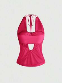 Hippie Camiseta sin espalda con cuello en V profundo, estilo vintage y holgado, para mujer (incluye forro de top tubo) - Rosa Fucsia - Ver 2