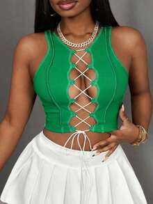 Top corto sin mangas con contraste de color acanalado, estilo casual básico, deportivo, sexy y de calle Y2K para mujeres - verde menta - Ver 4