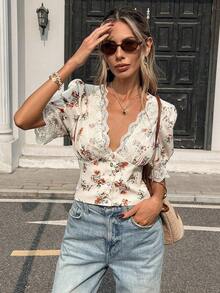 Blusa elegante y vintage de mujer con cuello en V, cintura ceñida y parches de encaje floral rojo - Albaricoque - Ver 5