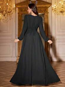 Vestido de dama de honor de manga linterna de unicolor elegante y extra largo - Negro - Ver 2