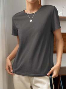 Camiseta Sólida Con Cuello Redondo - Gris Oscuro - Ver 4